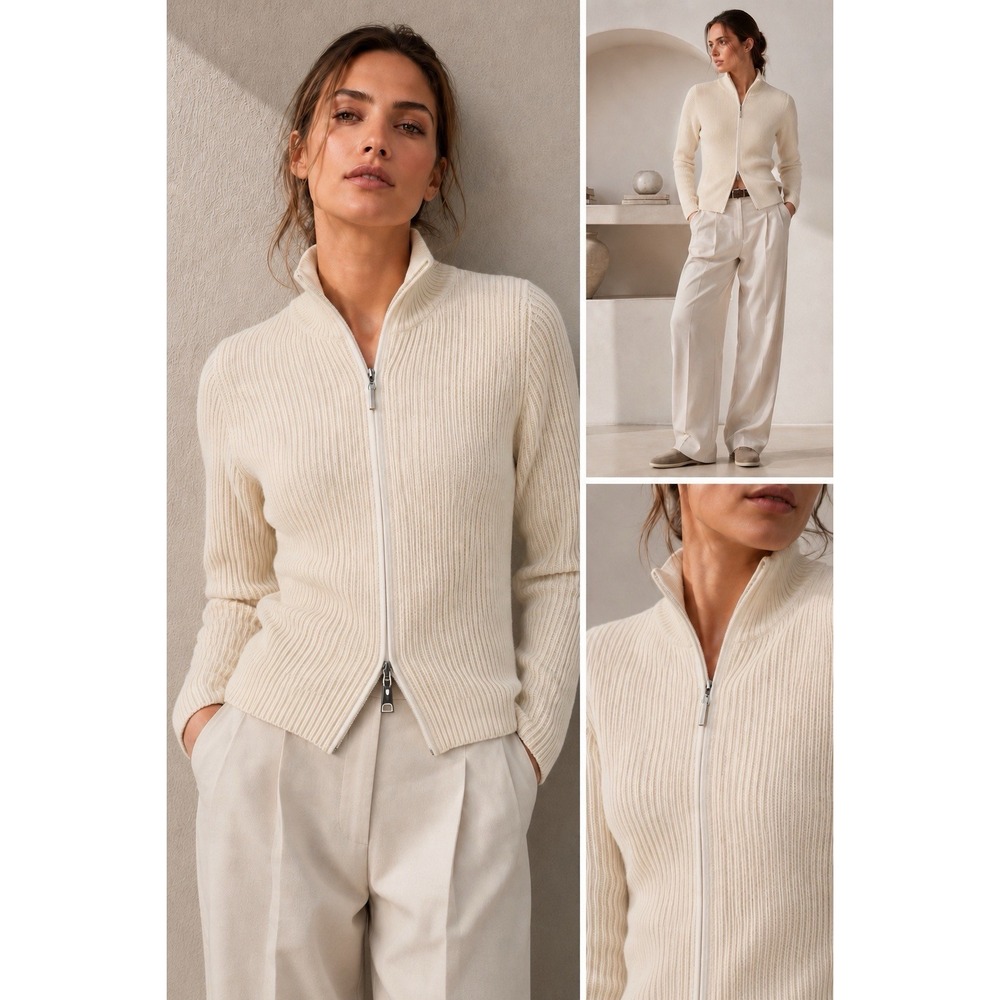 Brunello Cucinelli Cashmere Ribbed Full Zip Cardigan Cream Small Quiet Luxury